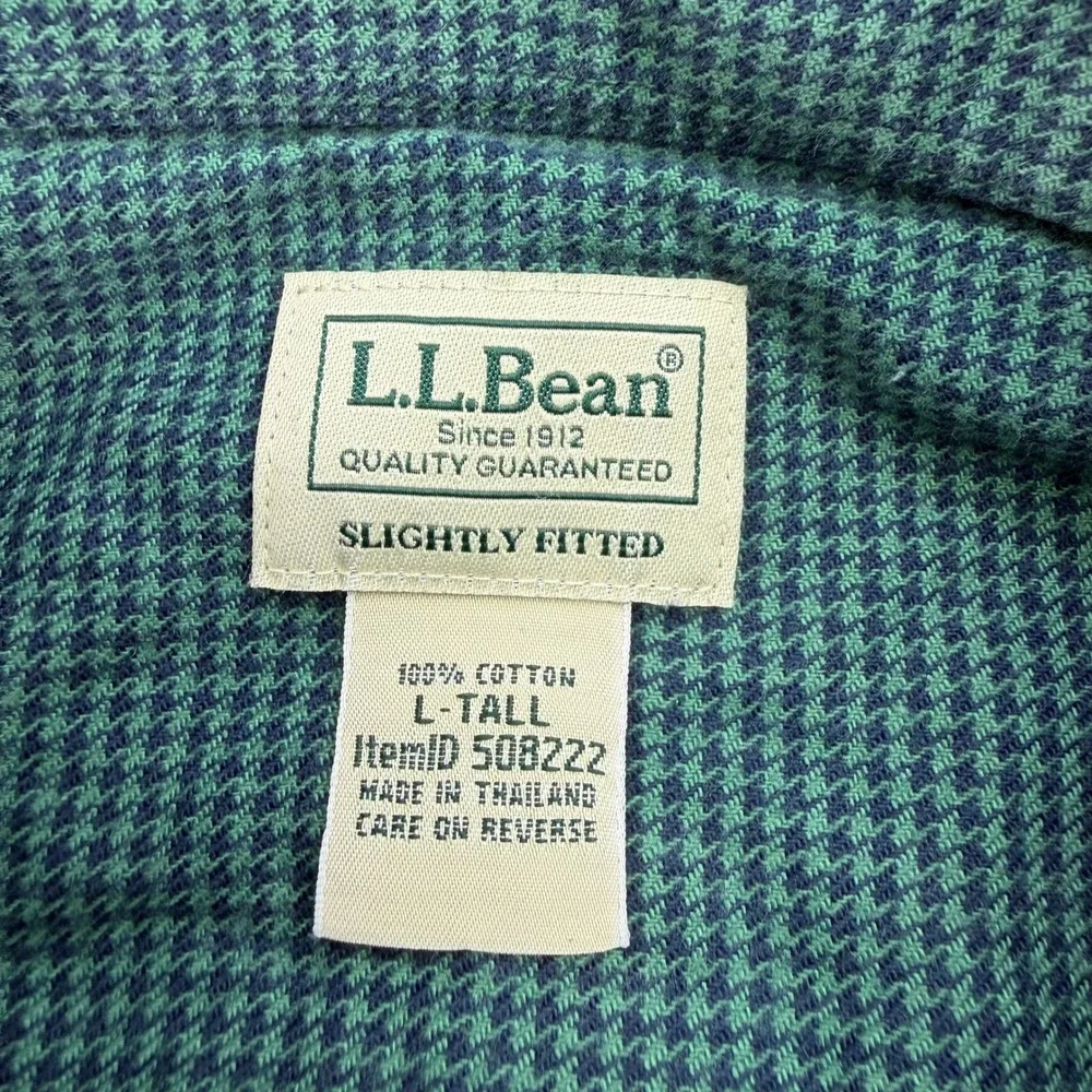 LL Bean Shirt Mens LT Tall Green Wicked Good Flannel Houndstooth Slightly Fitted